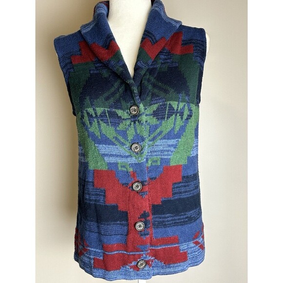 Chaps Southwestern Sleeveless Cardigan Sweater Vest Maroon Green Blue Plus Sz M - Picture 1 of 8